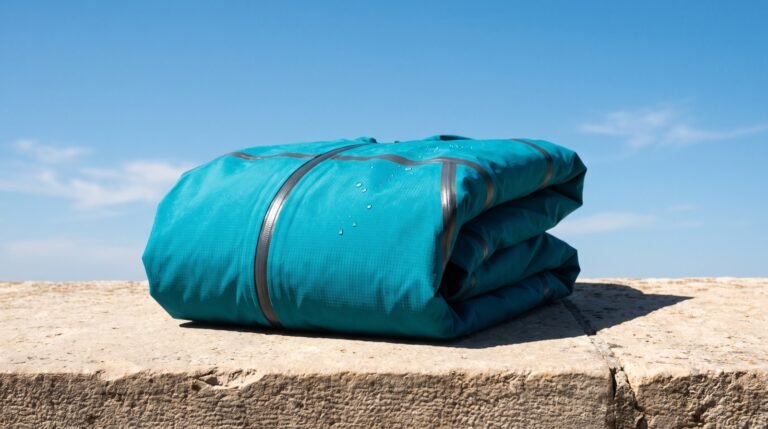 A folded technical shell jacket in bright teal on a pale stone ledge outdoors against an open blue sky