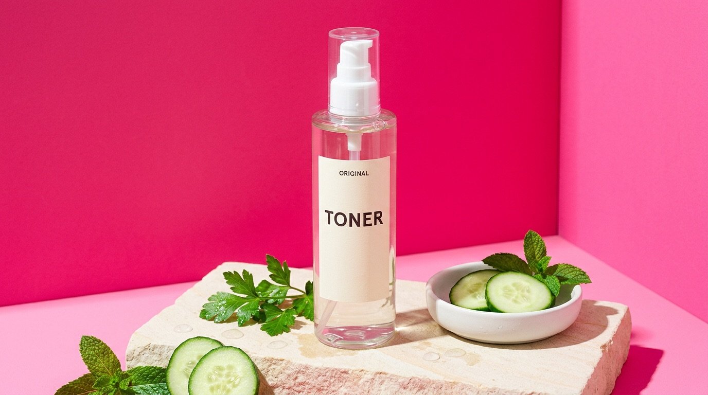 A clear glass toner bottle and a small ceramic dish on a stone block against a bold pink background with cucumber slices and green herbs
