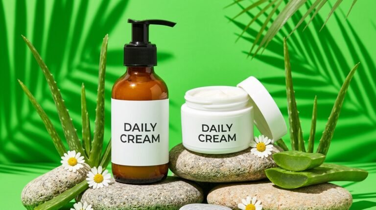 An amber glass pump bottle and open cream jar raised on stacked stones against a bold green background with aloe and white daisies