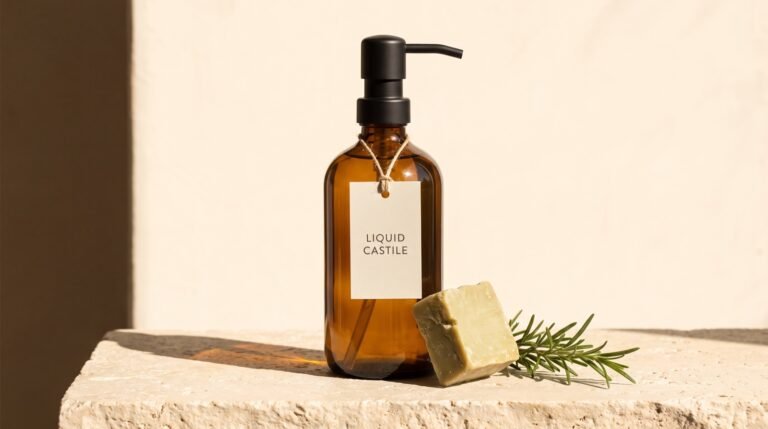 A bottle of liquid castile soap and an unwrapped olive oil soap bar on a sunlit stone ledge with a sprig of rosemary