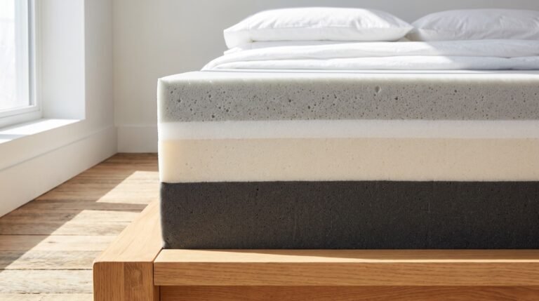A cut cross-section of a foam mattress showing its layers on a pale wooden platform bed in bright natural light
