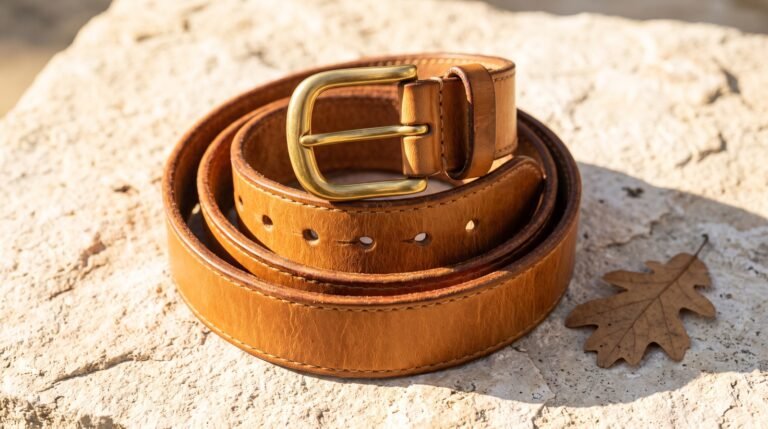 A tan vegetable-tanned leather belt coiled on a pale stone surface in warm directional sunlight beside a dried oak leaf