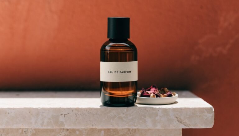 An amber glass perfume bottle beside a small dish of dried rose petals on a pale stone ledge against a bold terracotta background in soft daylight