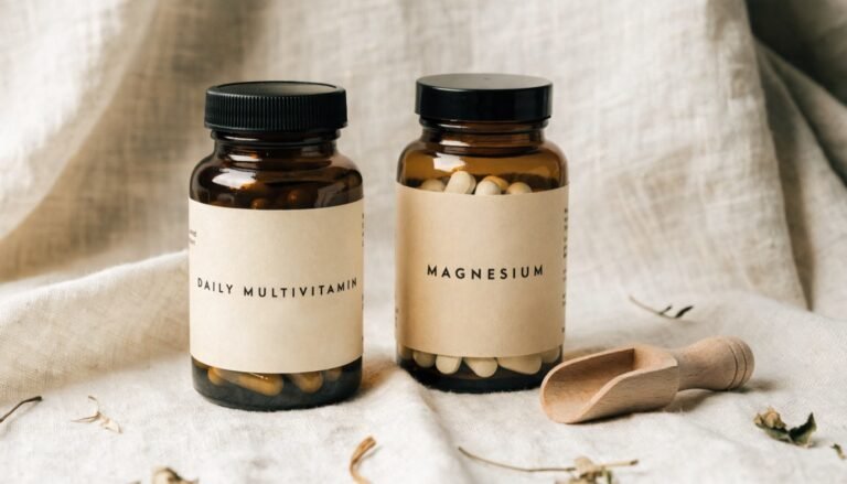 Amber glass supplement bottles and wooden scoop on a cream linen surface with dried botanicals
