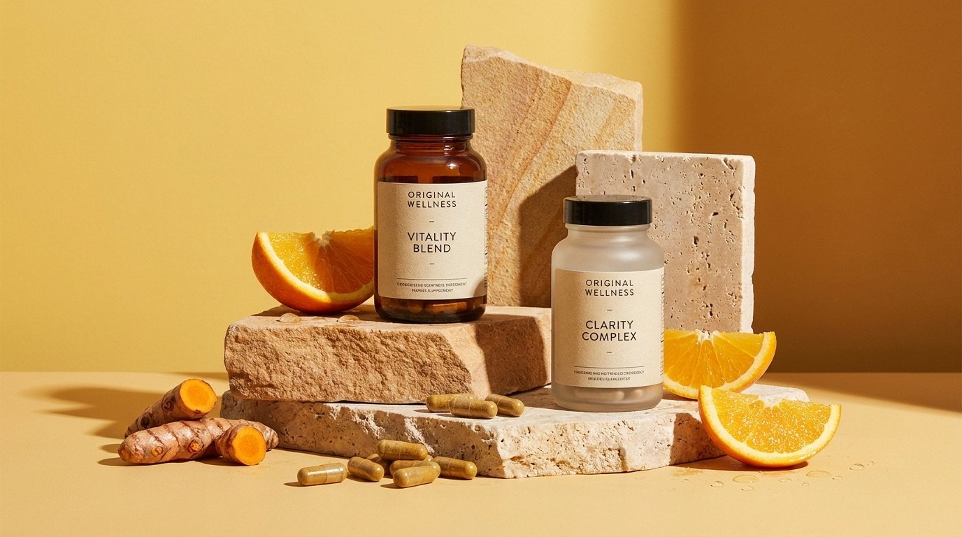Amber glass supplement bottles and wooden scoop on a cream linen surface with dried botanicals