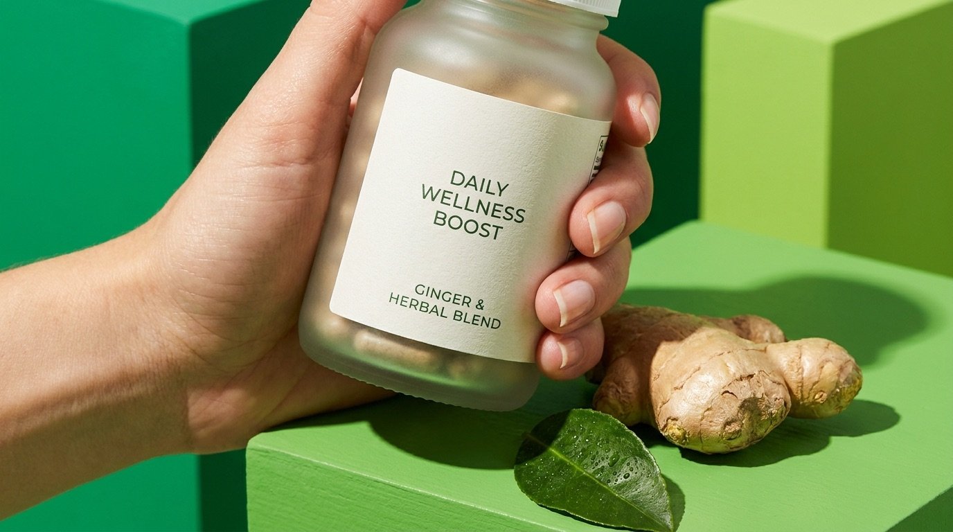Hand checking the label on an amber glass supplement bottle