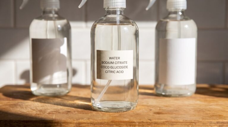 Several cleaning spray bottles lined up on a bright kitchen shelf with their back labels facing the camera in natural daylight