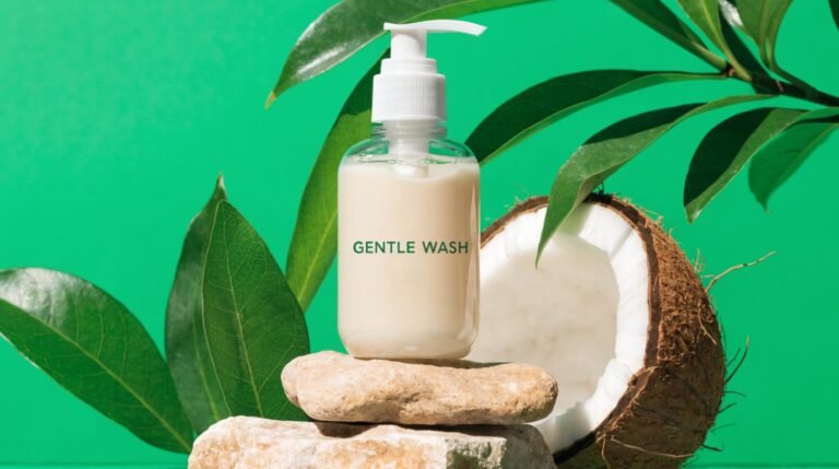 A clear pump bottle of pale cleanser labeled Gentle Wash, raised on stacked stones against a bold green background with a halved coconut and glossy leaves