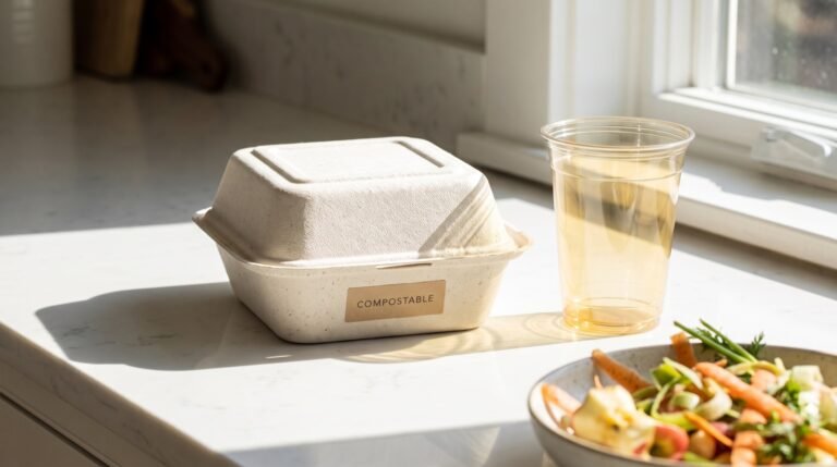 A molded fiber food container and a clear compostable cup on a bright kitchen counter beside a bowl of vegetable scraps