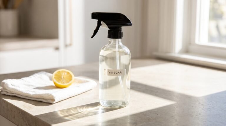 A glass spray bottle of white vinegar solution on a sunlit kitchen counter beside a folded cotton cloth and a lemon half