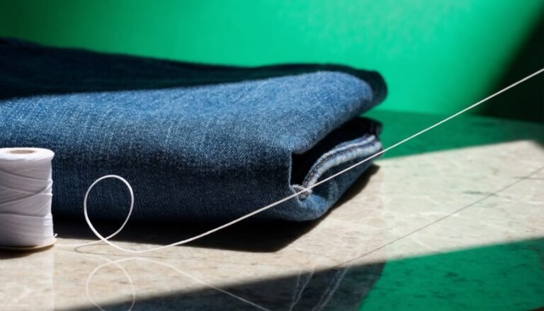 A pair of stretch jeans folded to show the waistband label beside a spool of fine white elastic thread on a stone surface against a fresh green background