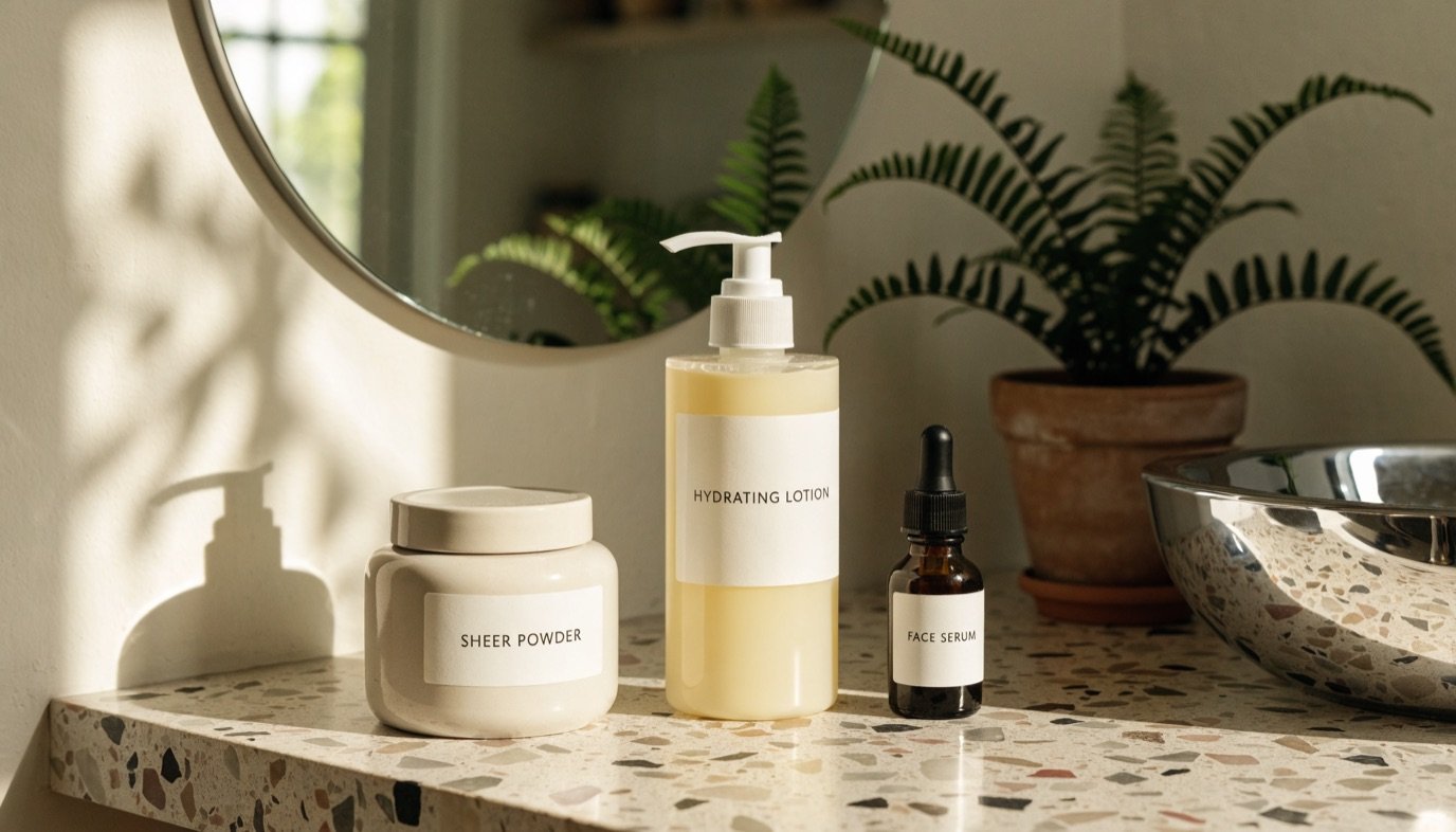 Clean skincare and cosmetics arranged on a sunlit bathroom vanity beside a fern
