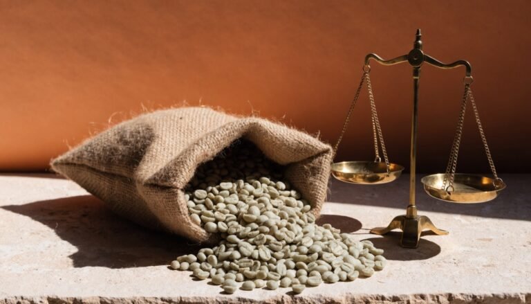 A burlap coffee sack spilling green unroasted beans beside a small brass scale on a pale stone ledge against a warm terracotta background