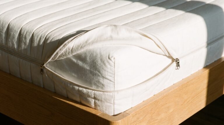 A corner of a white organic cotton mattress with the zip cover partly open on a wooden bed frame in bright morning light