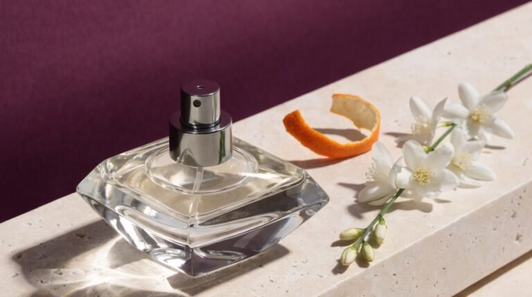 A clear glass perfume bottle with an atomizer on a pale stone ledge against a bold plum background with a sprig of jasmine and dried orange peel