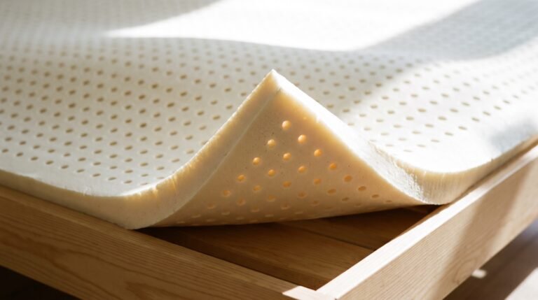 A pale organic latex mattress layer with its open cell structure visible, resting on a light wooden frame in bright morning daylight