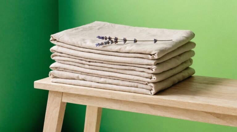 A folded stack of undyed cotton sheets on a pale wooden bench against a bold sage-green background with a sprig of dried lavender in soft daylight