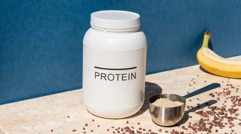 A white tub of unbranded protein powder with a steel scoop on a pale stone counter against a bold slate-blue background with a halved banana and raw cacao nibs