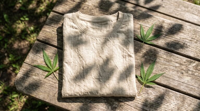 A folded natural hemp t-shirt in undyed oatmeal on a pale stone ledge outdoors with green hemp leaves beside it in bright sun