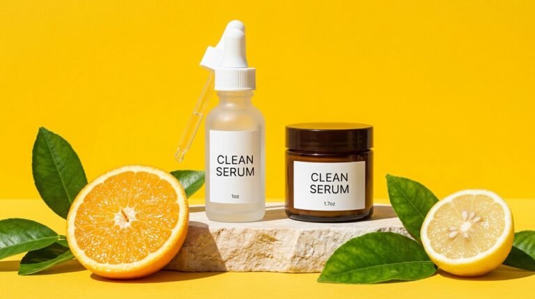 A frosted glass serum bottle and dropper on a stone plinth against a bold yellow background with sliced citrus and green leaves