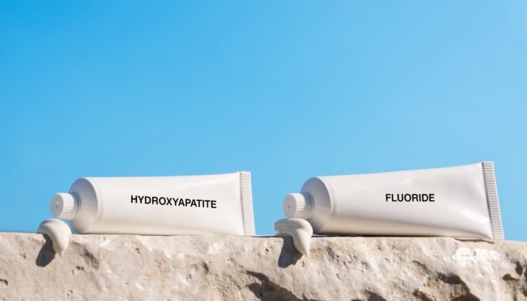 Two white toothpaste tubes labelled HYDROXYAPATITE and FLUORIDE side by side with a stripe of paste squeezed from each onto a pale stone ledge against a bright sky-blue background