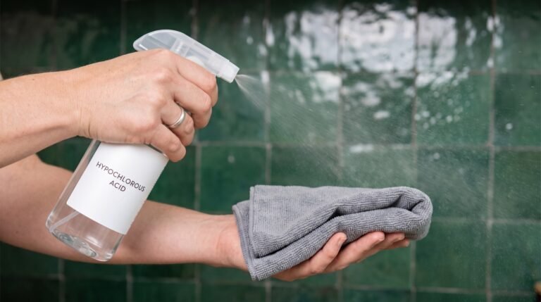 A clear spray bottle of hypochlorous acid solution on a bright white kitchen counter beside a folded microfiber cloth