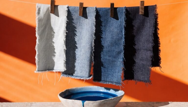 Indigo-dyed denim swatches in graded shades of blue drying on a line beside a shallow dye vat against a bright citrus-orange background