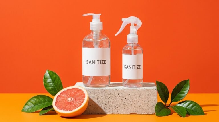 A pump bottle of hand sanitizer and a small spray bottle on a concrete ledge against a bold orange background with sliced grapefruit