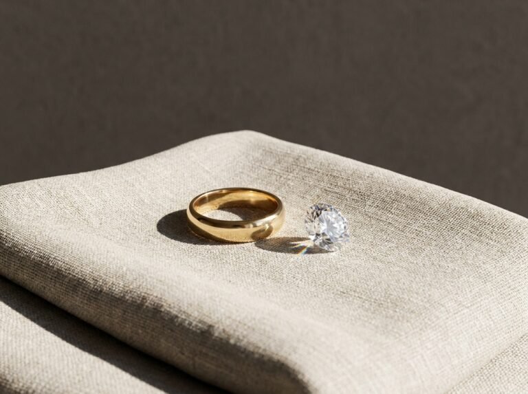 A plain gold band and a loose cut gemstone resting on a folded linen cloth in bright directional daylight