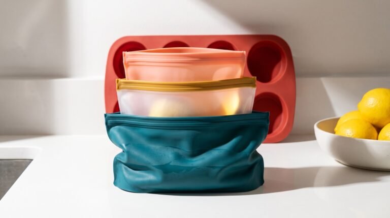 A stack of colorful silicone food storage bags and a red silicone baking mold on a bright kitchen counter beside a bowl of lemons