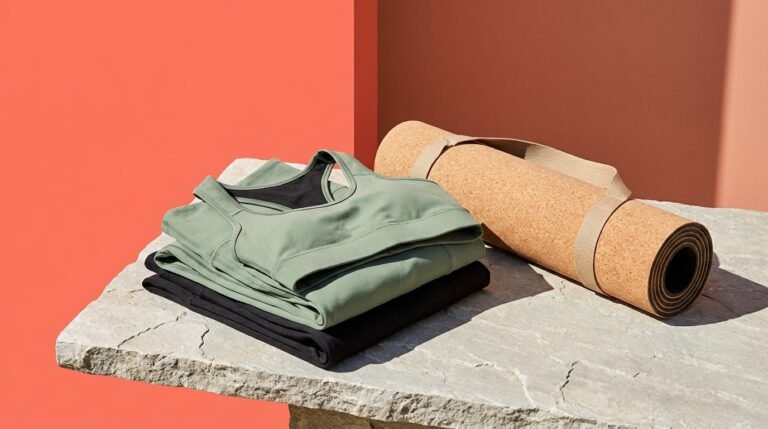 Neatly folded neutral-toned athletic leggings and a sports top stacked on a wooden bench
