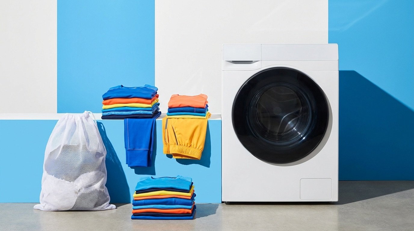 Synthetic activewear being loaded into a washing machine, where it sheds microplastic fibers