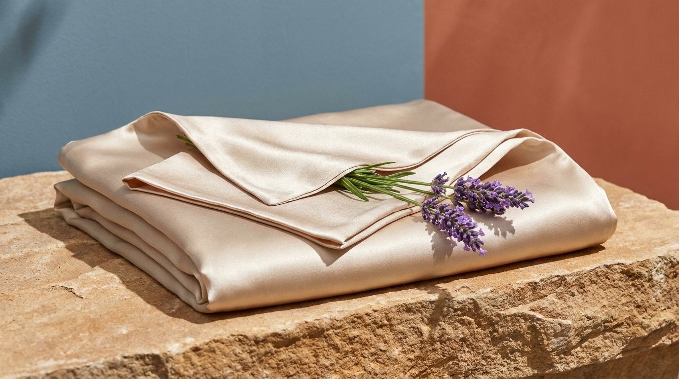 A folded stack of silver-blue mulberry silk with a matching silk sleep mask and a sprig of eucalyptus on a natural linen bed