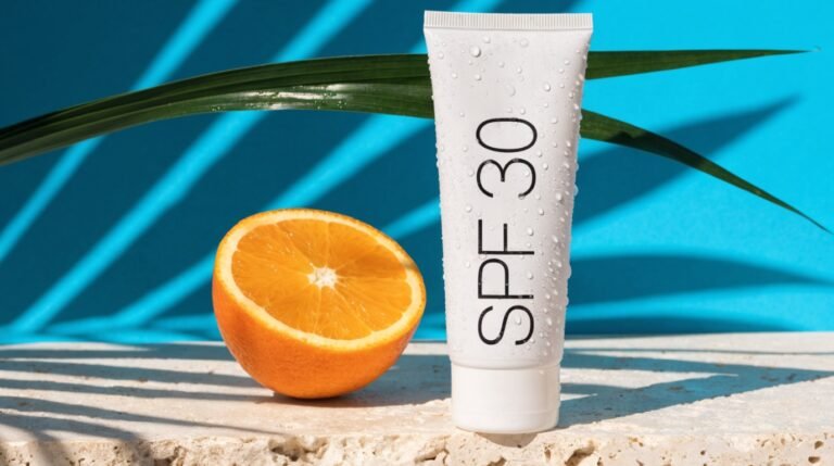 A white sunscreen tube labeled SPF 30, beaded with water and standing on a travertine ledge against a bright turquoise background with a halved orange and a palm frond