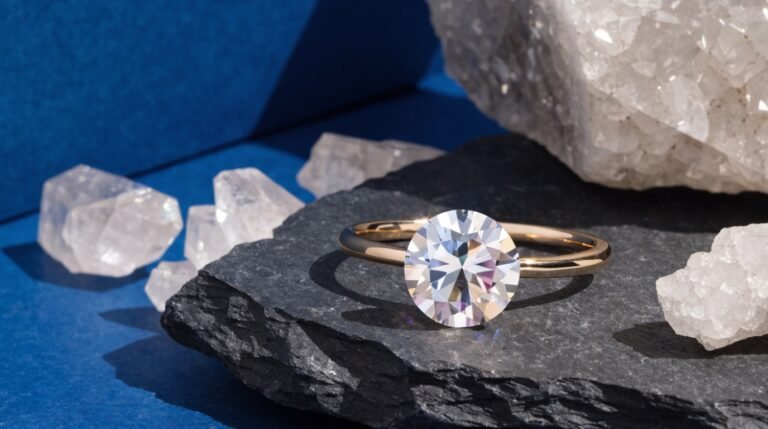 A single clear faceted stone on a slim gold band resting on dark slate against a bold midnight-blue background with a scattering of raw quartz