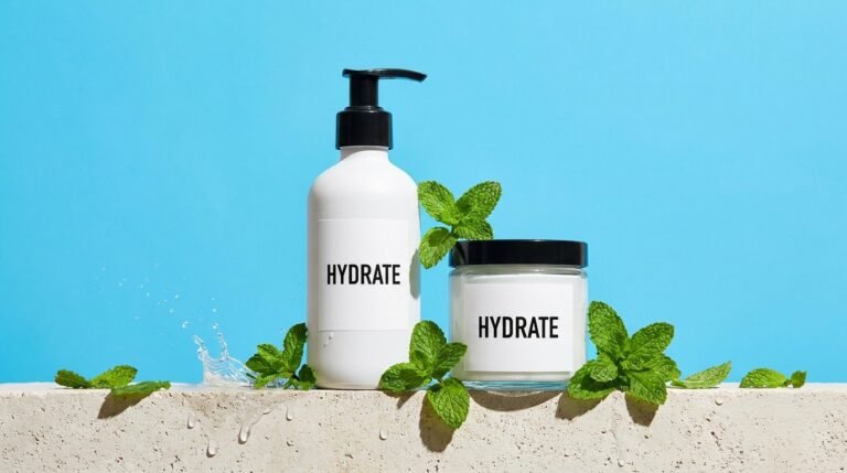 A sleek matte pump bottle and glass jar on a pale stone ledge against a bold sky blue background with water droplets and mint sprigs