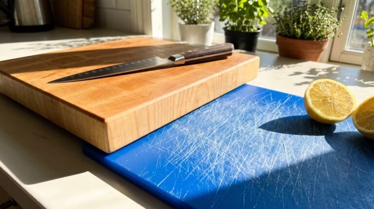 A pale wooden cutting board and a scratched blue plastic board side by side on a sunlit counter with a chef's knife and halved lemons