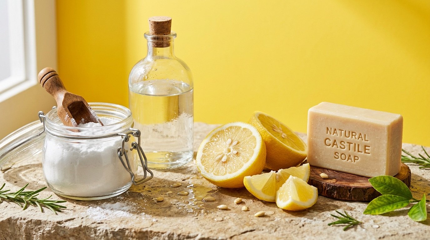 Natural cleaning ingredients including baking soda, white vinegar, lemons and a wooden brush on a kitchen counter
