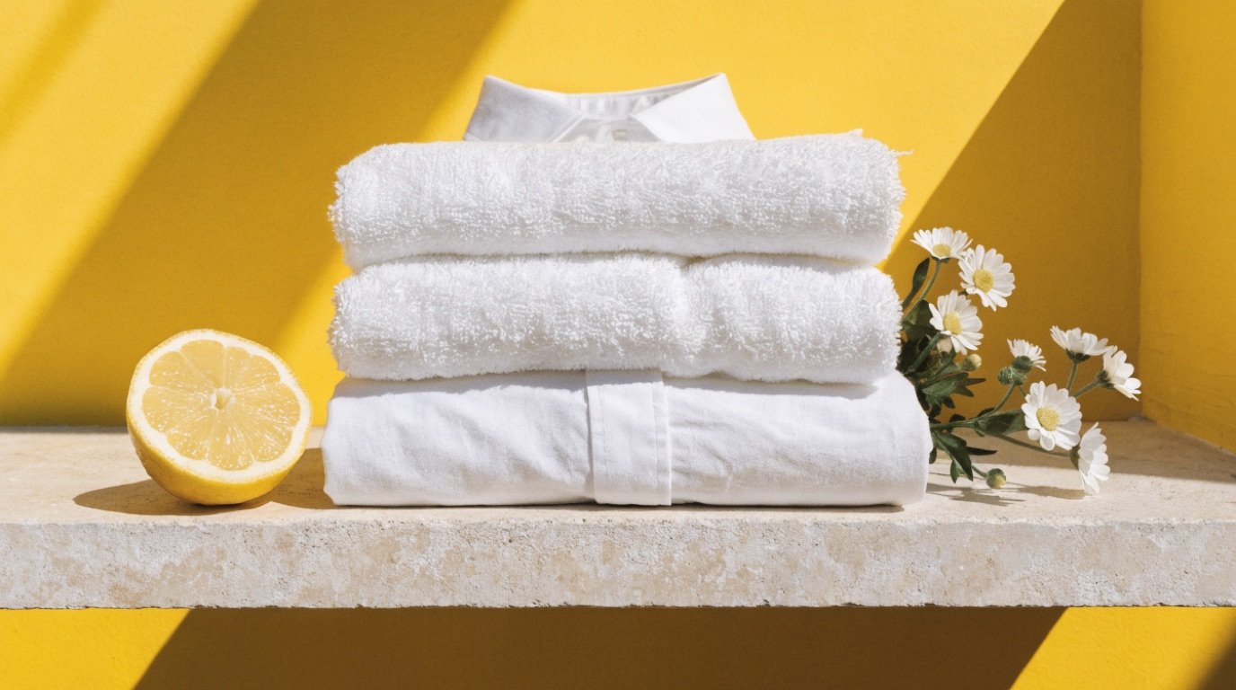 A stack of folded white towels and a white cotton shirt on a pale stone ledge against a sunny yellow background, with a halved lemon and white daisies in hard sunlight