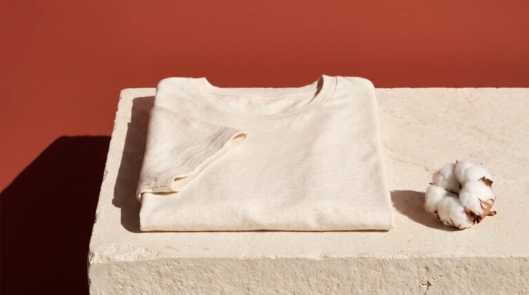 A folded undyed organic cotton t-shirt on a pale wooden surface beside a raw cotton boll in bright natural daylight