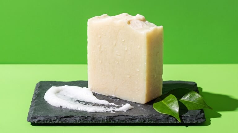 An unwrapped cream soap bar standing on a dark slate dish against a fresh green background, wet, with a smear of white lather and two green leaves beside it in bright directional sunlight