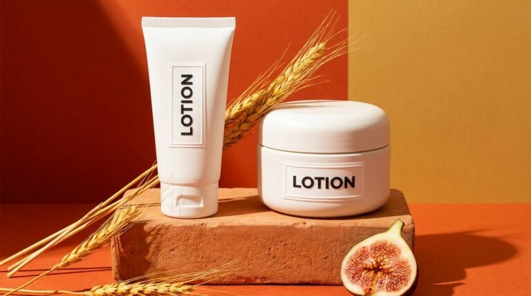 A white lotion tube and a wide cream jar on a terracotta stone plinth against a bold terracotta background with dried grasses and a halved fig