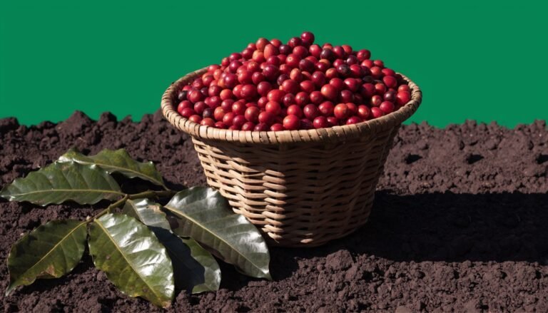 A woven basket of freshly picked red coffee cherries resting on soil beside green coffee leaves against a fresh green background