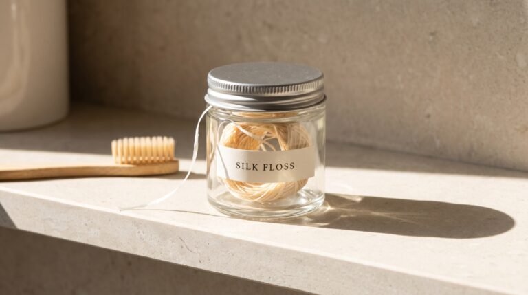 A glass jar of silk dental floss with a metal lid on a pale bathroom shelf beside a bamboo toothbrush in bright daylight