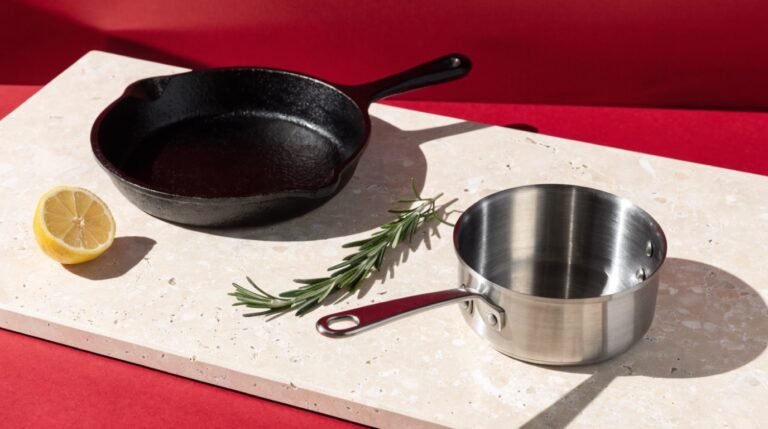 A black cast iron skillet and a stainless steel saucepan on a travertine slab against a bold deep-red background with a halved lemon and fresh rosemary