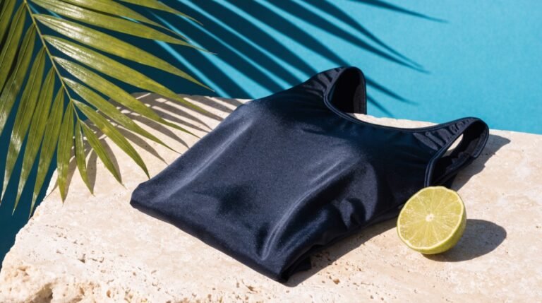A folded navy one-piece swimsuit on a pale travertine ledge against a bold turquoise background with a halved lime and a green palm frond in bright sun