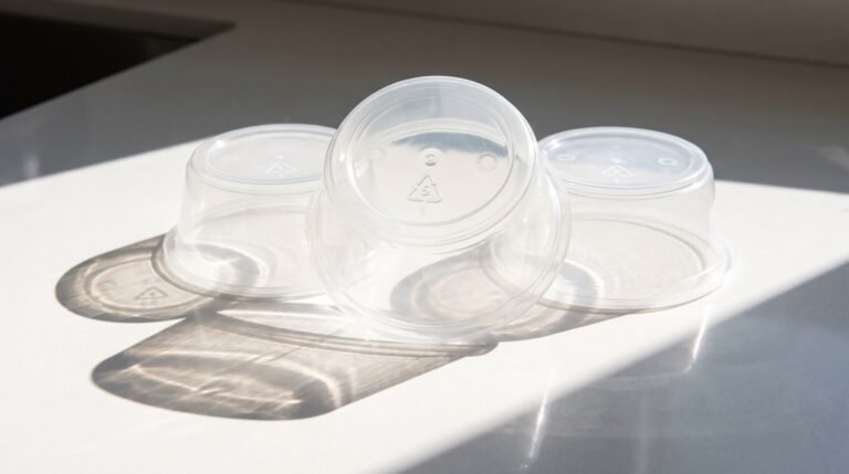 Several empty plastic food containers turned upside down on a bright kitchen counter showing the resin code triangles on their bases