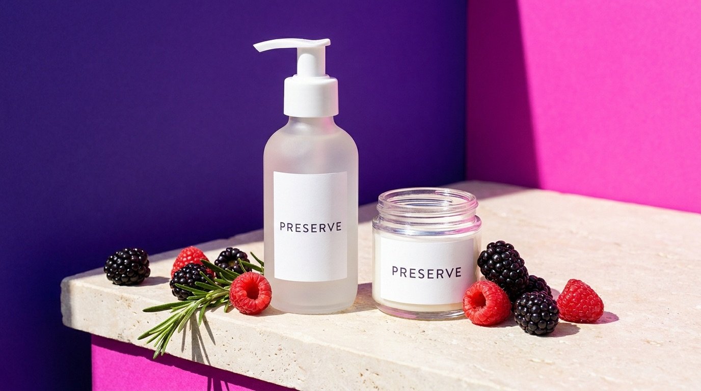 A frosted pump bottle and a small glass jar on a pale stone ledge against a bold purple background with fresh berries and a sprig of rosemary