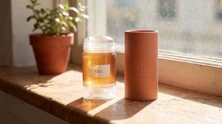 A clear gel deodorant stick and a paper-tube natural deodorant side by side on a sunlit windowsill with a small green plant