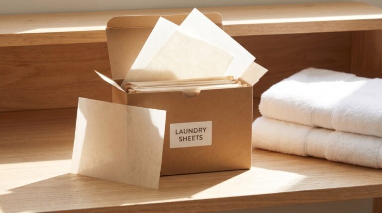 A stack of paper-wrapped laundry detergent sheets on a pale wooden shelf beside folded white towels in bright daylight